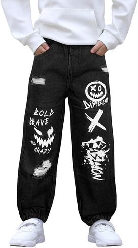 MyFav Boys' Ripped Denim Jeans Taper Fit Kids Fashion Loose Casual Trousers Long Pants in Saudi Arabia
