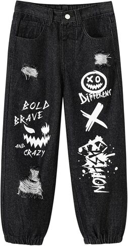 MyFav Boys' Ripped Denim Jeans Taper Fit Kids Fashion Loose Casual Trousers Long Pants in Saudi Arabia