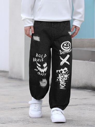 MyFav Boys' Ripped Denim Jeans Taper Fit Kids Fashion Loose Casual Trousers Long Pants in Saudi Arabia
