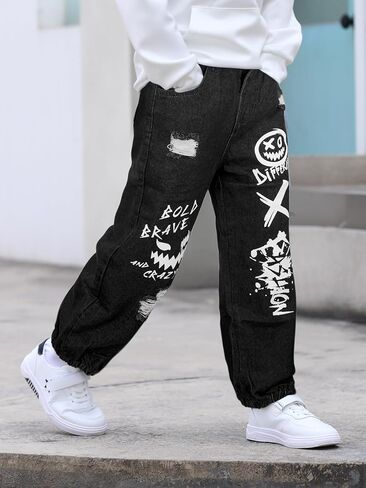 MyFav Boys' Ripped Denim Jeans Taper Fit Kids Fashion Loose Casual Trousers Long Pants in Saudi Arabia