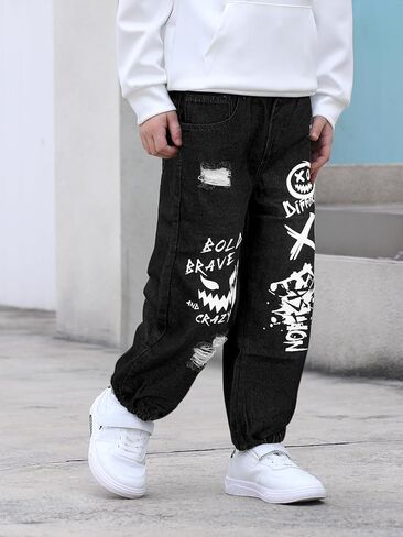 MyFav Boys' Ripped Denim Jeans Taper Fit Kids Fashion Loose Casual Trousers Long Pants in Saudi Arabia
