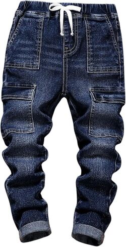 Wdirara Toddler Boy's Cargo Denim Pants مرنة الجينز الضيق مع جيوب زرقاء in Saudi Arabia