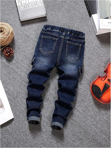 Wdirara Toddler Boy's Cargo Denim Pants مرنة الجينز الضيق مع جيوب زرقاء in Saudi Arabia