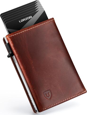LORZOR Wallet for Men with Metal Card Holder, Pop Up Wallet, Finest Full Grain Leather Trifold Wallet, Smart, Minimalist, RFID Blocking, Front Pocket, ID Window, VintageBrown/Silver in Saudi Arabia