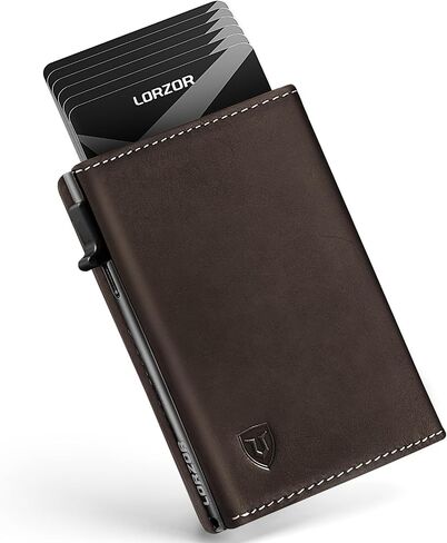 LORZOR Wallet for Men with Metal Card Holder, Pop Up Wallet, Finest Full Grain Leather Trifold Wallet, Smart, Minimalist, RFID Blocking, Front Pocket, ID Window, VintageBrown/Silver in Saudi Arabia