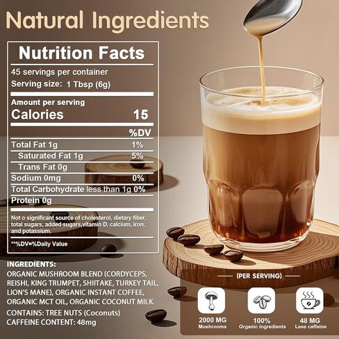 قهوة الفطر ، 6 فطر تكيف مع ماني الأسد ، كورديسيبس ، ذيل الديك الرومي والمزيد ، قهوة الفطر العضوي الفوري للتركيز ، الطاقة ، المناعة والهضم دعم in Kuwait