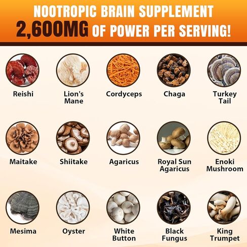 Mushroom Supplement, Brain Supplements for Memory and Focus, 20 in 1 Mushroom Complex with Lion's Mane, Reishi, Turkey Tail, Cordyceps, Shiitake, for Focus, Brian, Memory Supplement, 120 Capsules in Kuwait