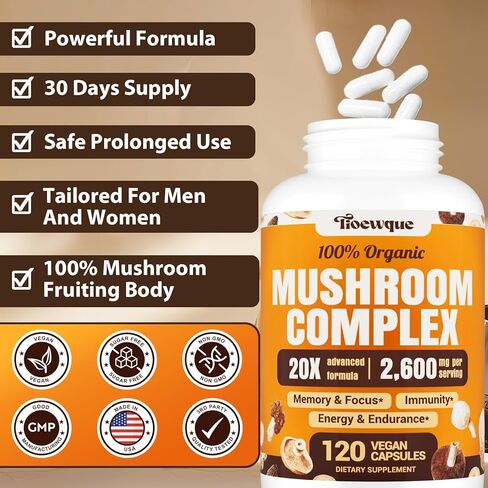 Mushroom Supplement, Brain Supplements for Memory and Focus, 20 in 1 Mushroom Complex with Lion's Mane, Reishi, Turkey Tail, Cordyceps, Shiitake, for Focus, Brian, Memory Supplement, 120 Capsules in Kuwait