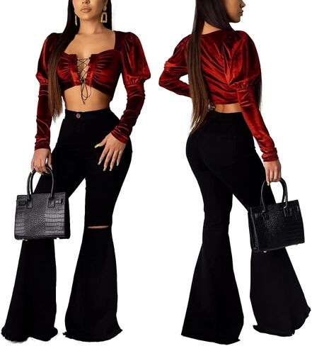 Bell Bottom Jeans for Women High Waisted Stretch Ripped Skinny Hole Classic Raw Hem Denim Flare Pants in Saudi Arabia