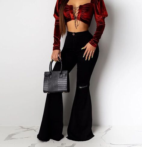 Bell Bottom Jeans for Women High Waisted Stretch Ripped Skinny Hole Classic Raw Hem Denim Flare Pants in Saudi Arabia