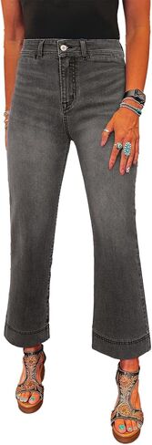 سراويل جينز عريض الساق للنساء العصرية عالي الخصر الجينز الممتد على مستقيم الساق الساق الكاحل الكاحل مع جيوب in Kuwait