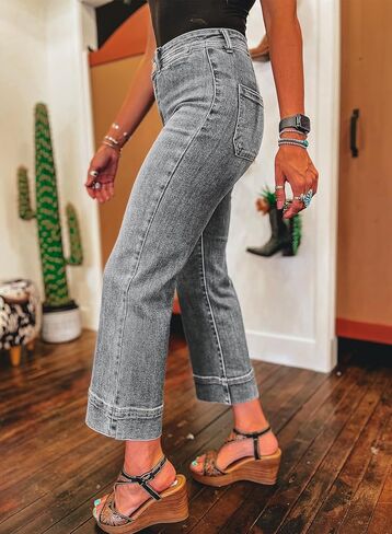 سراويل جينز عريض الساق للنساء العصرية عالي الخصر الجينز الممتد على مستقيم الساق الساق الكاحل الكاحل مع جيوب in Kuwait