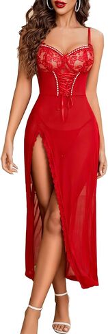 Avidlove Women Sexy Lingerie Lace Babydoll Chemise Mesh Nightdress V Neck Nightwear Side Split Nightgown in Kuwait