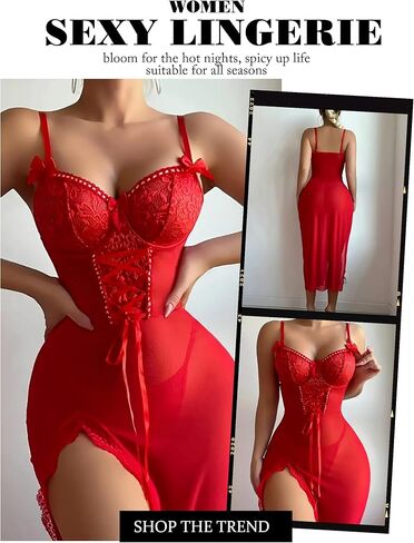 Avidlove Women Sexy Lingerie Lace Babydoll Chemise Mesh Nightdress V Neck Nightwear Side Split Nightgown in Kuwait