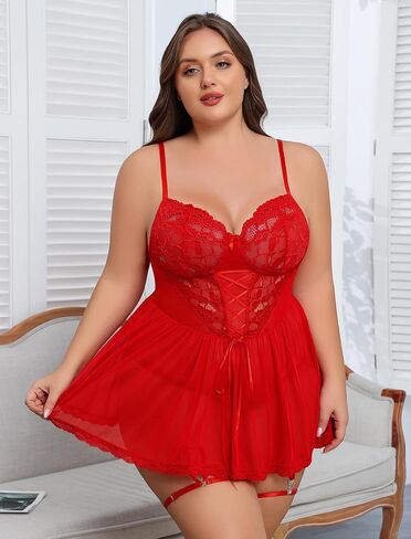 Avidlove Plus Size Lingerie for Women Sexy Lace Babydoll Mesh Chemise Boudoir Nighty with Garter Belt in Saudi Arabia