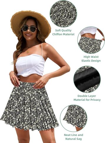 تنورة قصيرة من Cyinu للنساء Summer Boho المرن المرن عالي الخصر خط شيفون متدرج مطوي تنورة مصغرة in Kuwait