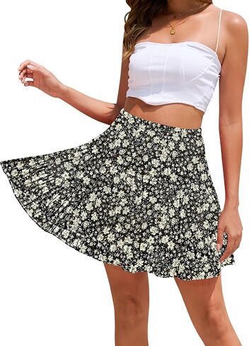 تنورة قصيرة من Cyinu للنساء Summer Boho المرن المرن عالي الخصر خط شيفون متدرج مطوي تنورة مصغرة in Kuwait