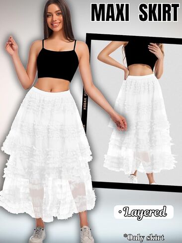 Women Ruffle Maxi Tulle Skirt,A Line Tiered Mesh Long Skirts Renaissance Fairy Costume Birthday Concert Outfit Casual in Saudi Arabia