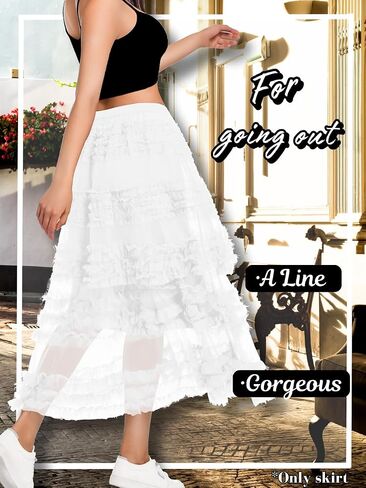 Women Ruffle Maxi Tulle Skirt,A Line Tiered Mesh Long Skirts Renaissance Fairy Costume Birthday Concert Outfit Casual in Saudi Arabia