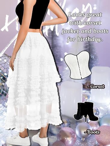 Women Ruffle Maxi Tulle Skirt,A Line Tiered Mesh Long Skirts Renaissance Fairy Costume Birthday Concert Outfit Casual in Saudi Arabia