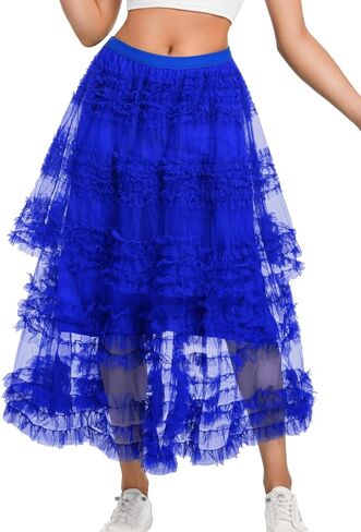 Women Ruffle Maxi Tulle Skirt,A Line Tiered Mesh Long Skirts Renaissance Fairy Costume Birthday Concert Outfit Casual in Saudi Arabia