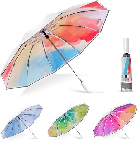 UPF 50+ Sun Umbrella UV Protection, UV Blocking Umbrella with Silver Cooling Coating, Travel Umbrella Compact Portable, Large Inverted Windproof Colourful Rain Umbrella in Saudi Arabia