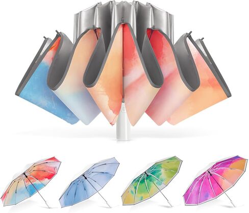 UPF 50+ Sun Umbrella UV Protection, UV Blocking Umbrella with Silver Cooling Coating, Travel Umbrella Compact Portable, Large Inverted Windproof Colourful Rain Umbrella in Saudi Arabia