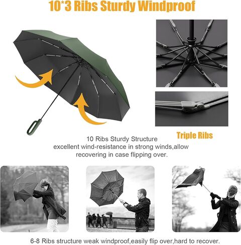 Travel Folding Golf Umbrella 10 Ribs Automatic Open/Close,Lightweight Compact Portable Backpack Car Parasol Outdoor,Sun/Rain,Anti 99 UV Protection UPF 50,Men Women Carabiner Handle Design in Kuwait