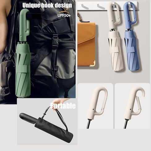 Travel Folding Golf Umbrella 10 Ribs Automatic Open/Close,Lightweight Compact Portable Backpack Car Parasol Outdoor,Sun/Rain,Anti 99 UV Protection UPF 50,Men Women Carabiner Handle Design in Kuwait