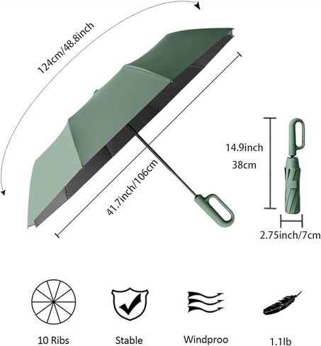 Travel Folding Golf Umbrella 10 Ribs Automatic Open/Close,Lightweight Compact Portable Backpack Car Parasol Outdoor,Sun/Rain,Anti 99 UV Protection UPF 50,Men Women Carabiner Handle Design in Kuwait