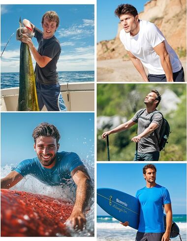Men's UPF 50+ Swim Shirts, Sun Protection Short Sleeve Rash Guard, Quick Dry T-Shirt for Fishing and Surfing in Kuwait