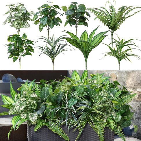 Artificial 8 Bunches Greenery Plants Fake Plastic Leaves with Stems UV Resistant Outside Faux Plants Bushes for Outdoor Patio Garden Front Porch Yard Decor in Saudi Arabia