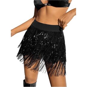 Floerns Women's Sparkly Sequin Fringe Skirt Belly Dance Disco Tassel Rave Mini Skirt