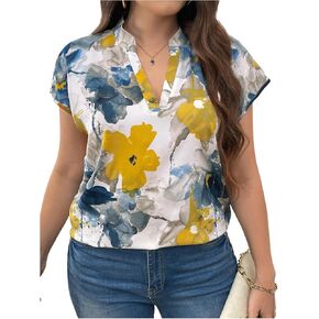 Women's Plus Size Floral Blouses Short Sleeve Notched V Neck Vacation Shirts