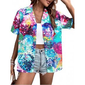 80s 90s Outfits for Women Disco Outfit Neon Shirts Retro Themed Party Hawaiian Button Down Short Sleeve Blouse Tops