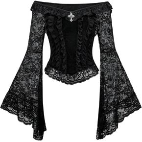 SHENHE Women's Gothic Lace Bell Sleeve Top Velvet Off Shoulder Vintage Punk Crop Top Blouse