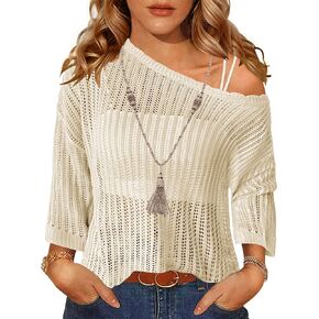 Zeagoo Womens Summer Tops Crochet Sweaters Resort Wear 3/4 Sleeve Hollow Out Knit Tops 2025 Beach Coverup