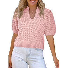 Saodimallsu Womens Puff Short Sleeve Sweater Top Waffle Knit V Neck Spring Summer Cropped Trendy Cute Shirts Blouses