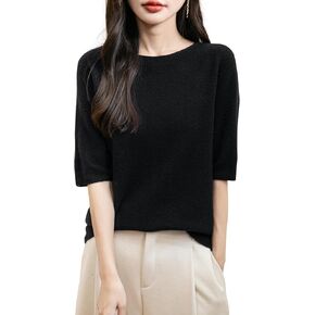 Women's 100% Merino Wool Spring Fall Winter First-Line Ready to Wear Seamless Knit Crewneck Short Sleeve Sweater in Kuwait