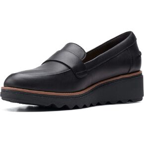 Clarks womens Sharon Gracie Penny Loafer, Black Leather With Dark Tan Welt, 7 US