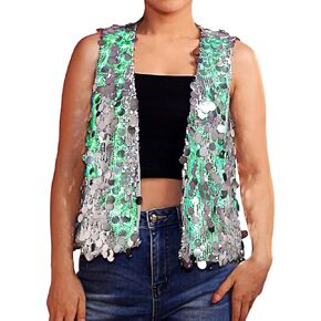 Edary Women's Light Up Sequin Vest Sparkly Sleeveless Open Front Jacket Coat Night Club Disco Waistcoat Jackets