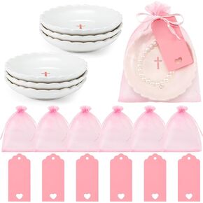 18 Pieces Baptism Favors for Women First Communion Favors Includes 6 Ceramic Ring Dish Jewelry Plate with Cross 6 Mesh Bag 6 Thank You Tags for Baby Shower Wedding Party Christian Gifts