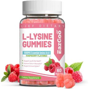 L-Lysine 1000mg Gummies, Chewable Lysine Supplement for Adults, Essential Amino Acid for Lip Health, Immune Support, Collagen Formation* - Vegan, Gluten-Free, Sugar-Free, 60 Counts