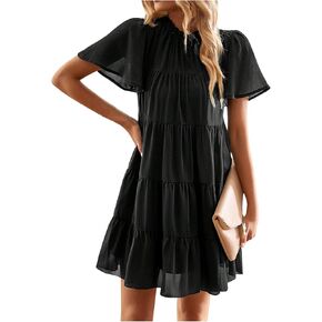 SweatyRocks Women's Ruffle Mock Neck Frill Sheer Flounce Short Sleeve Flowy Dresses