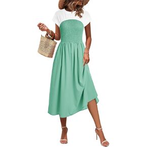 Wenrine Womens Casual Summer Midi Dress Smocked Cap Sleeve Crew Neck Color Block A Line Flowy Beach Dresses
