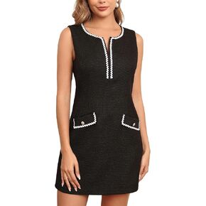 M.Infisavo 2025 Women Tweed Dress Spring Summer V Neck Sleeveless A Line Pockets Work Casual Jackie Dresses
