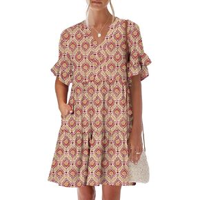 ANRABESS Womens Summer 2025 Trendy Ruffle Short Sleeve V Neck A Line Tiered Flowy Loose Casual Mini Beach Dress with Pockets