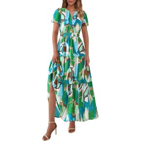 PRETTYGARDEN Women's 2025 Summer Boho Maxi Dresses Floral Short Sleeve V Neck A Line Tiered Flowy Long Beach Vacation Dress