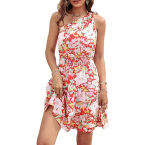 PRETTYGARDEN Women's Summer Tie One Shoulder Boho Floral Dress Elastic Waist Tiered Ruffle A Line Flowy Mini Dresses