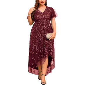 ZOMVA Plus Size 1X-4X Sequin Embroidery Formal Long Dress Glitter Side Slit A Line Dresses Prom Wedding Evening Gown